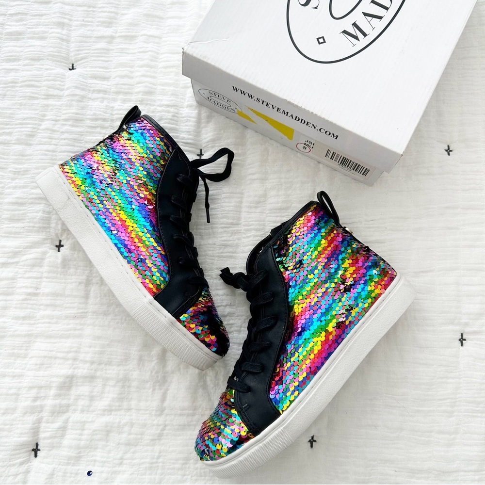 NEW Steve Madden Kids JSEEKER Rainbow Reversible Sequin High Top Sneakers Girl 5